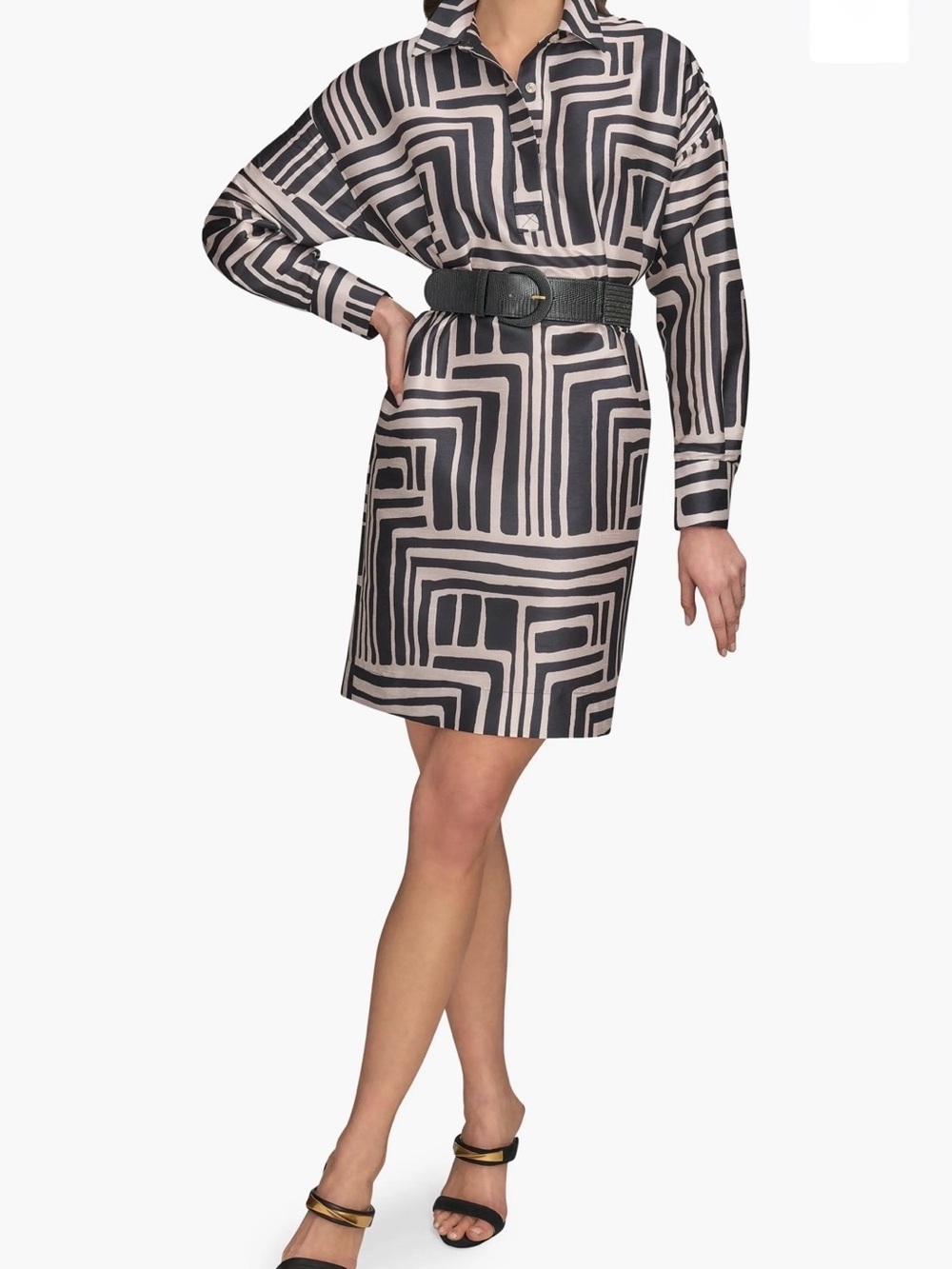 Donna Karan Black and Cream Geometric Shirt Dress